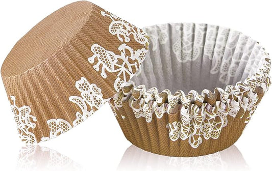 Funtery 300 Pcs Wedding Cupcake Liners Bridal Shower Rustic Lace Cupcake Wrappers Fall Muffin Liners Baking Cups Greaseproof for Baby Shower Christmas Birthday Party Anniversaries Decorations, Brown
