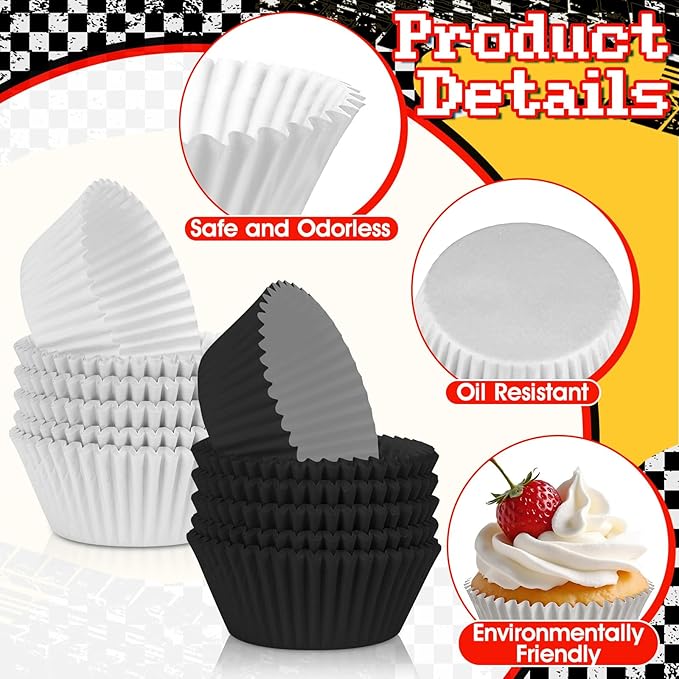 200PCS Black and White Cupcake Liners Mini Muffin Baking Cups Wrappers for Race Car Birthday Party Supplies Disposable Cupcake Papers for Black and White Soccer Party Decorations