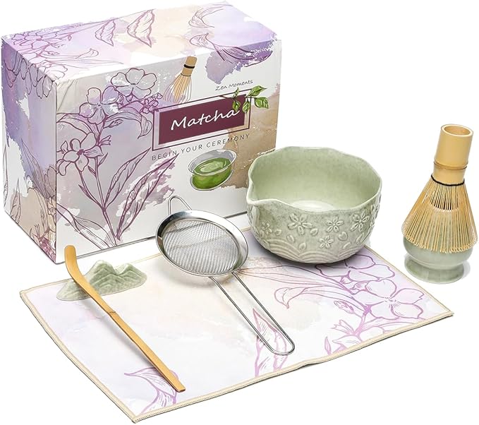 Matcha Whisk Set 9 Pcs – Matcha Bowl, Whisk, Sifter, Spoon, Gift Card ane Portable Carry Bag for Latte Travel,Gift for Matcha Lovers (Green)
