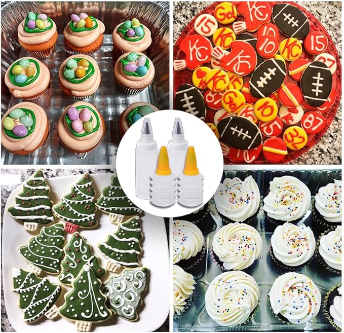 Icing Bottles with Stainless Steel Icing Tips (4 pcs) - Foldable & Unicolored Bottles, Cake Decorating Kit with 3 Piping Tips, White, Yellow