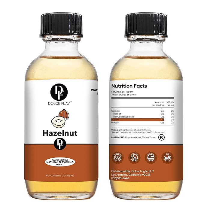 Dolce Flav Natural Hazelnut Extract – 2 Ounce Water-Soluble Kosher, Sugar-Free, Concentrated Toasted Hazelnut Flavoring for Coffee, Baking & Desserts, Includes Measured Dropper
