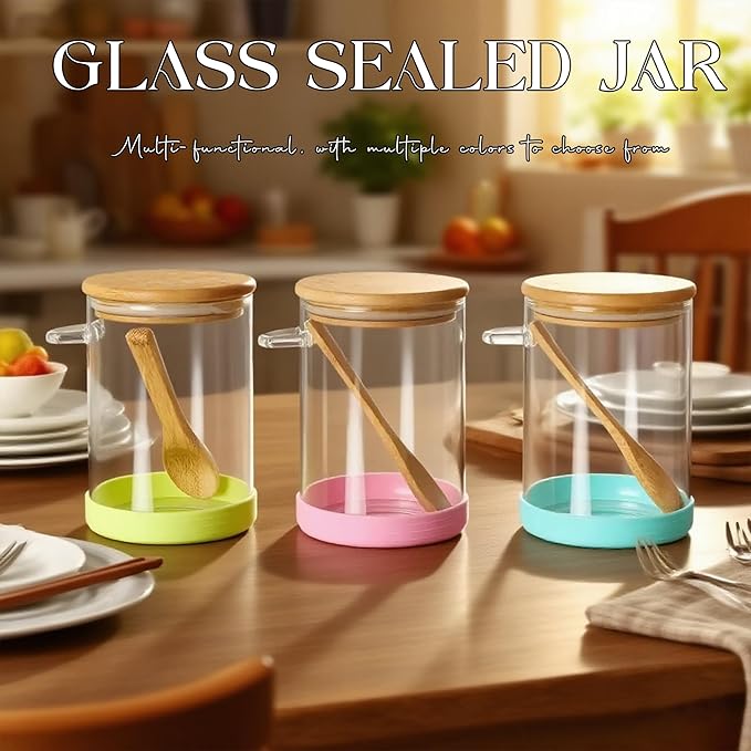 3pcs 18.5 oz Glass Canisters Glass Jars with Spoons and Bamboo Lids Borosilicate Glass Overnight Oats Jar - Airtight Overnight Oats Container with Lid for Spices, Coffee Bean, Sugar, Food Storage