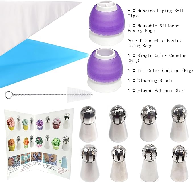 Russian Ball Piping Tips Set, 43 PCS Stainless Steel Piping Bags and Tips Set Large Flower Piping Tips for Cake Decorating, Cupcake Icing Tips Frosting Piping Kit Baking Cake Decorating Supplies
