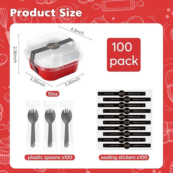 Ruckae 10oz100 Pcs Square Mini Loaf Pans with Lids-Disposable Foil Dessert Containers,Mini Cake Pans with Lids,Aluminum Dessert Cups for Parties and Weddings (Red, 10oz)