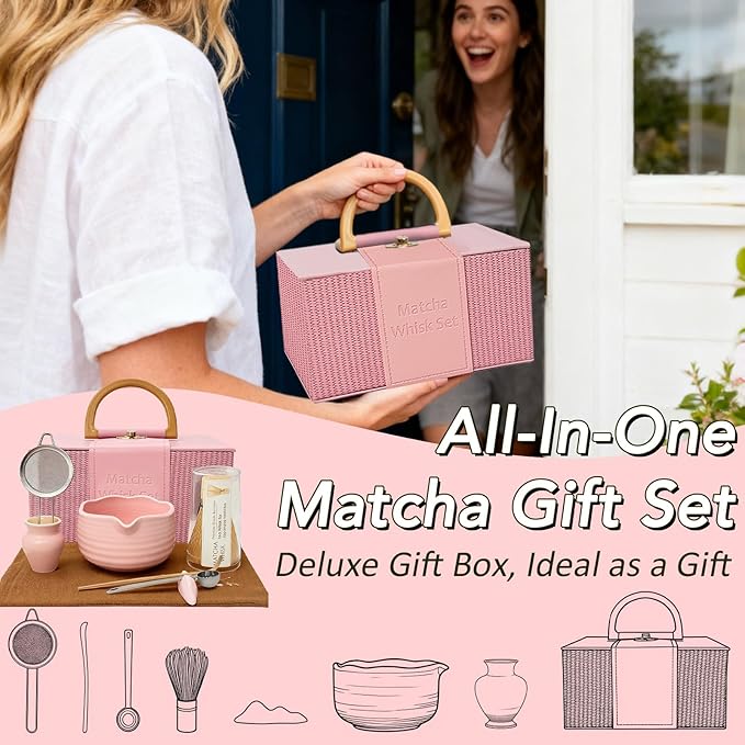 8Pcs Matcha Whisk Set, Matcha Set Includes Ceramic Matcha Bowl, Whisk and Holder, Bamboo Scoop, Scoop Rest, Sifter, Measuring Spoons and Tea Towel Tea Kit Gift Set for Women (Pink)