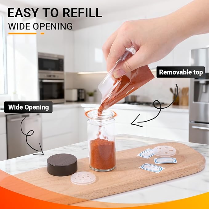 Segarty 3oz Spices Jars with Wood Lids, 3 Pack 90ml Round Spice Containers, Empty Glass Seasoning Organizers Spices Cereals Storage Bottles, Small Salt and Pepper Shakers with 7 Stickers and 1 Brush