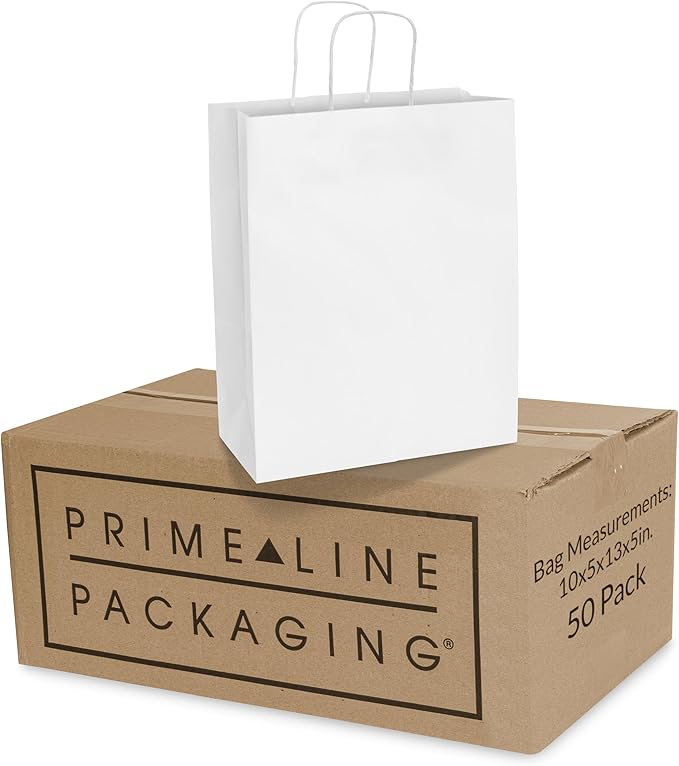Prime Line Packaging White Gift Bags, Shopping Gift Bags Medium with Handles for Small Business, Boutiques, Retail, Merchandise, Party Favors, Bulk 10x5x13, 50 Pack