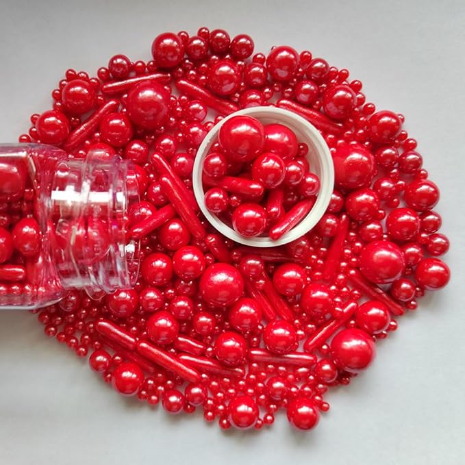 Edible Red Pearl Sugar Sprinkles Candy Mix Size Baking Edible Cake Decorations Cupcake Toppers Cookie Decorating Wedding Party Valentine Halloween Christmas Supplies 100g/3.53oz