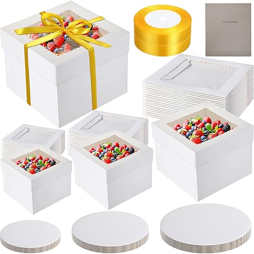 48 Pcs Cake Boxes with Boards 24 Baking Boxes with Window 24 Cake Boards 2 Rolls Silk Ribbon Large Square Baking Storage in 3 Sizes 12x12x8, 10x10x8, 8x8x8 Inch Disposable Dessert Containers