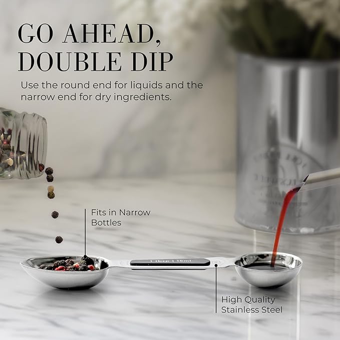 Stainless Steel Magnetic Measuring Spoons Set - 8-Piece Heavy Duty Metal, BPA-free, Stackable, Double Sided Measuring Spoons with Leveler for Dry and Liquid Ingredient - Fits in Spice Jars