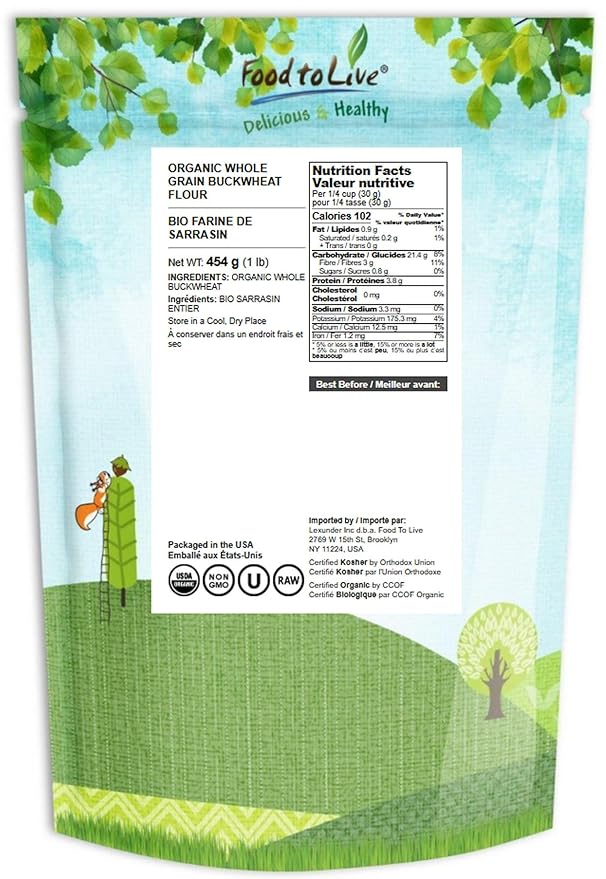 Food to Live Organic Whole Grain Buckwheat Flour, 1 Pound – Non-GMO, Kosher, Unbleached, Unbromated, Unenriched, Stone Ground, Powder, Meal, Sirtfood, Bulk