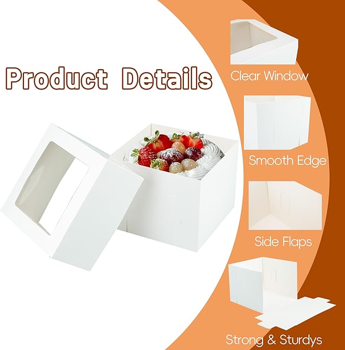 Yeplan 5 Packs Tall Cake Box and Cake Boards,12x12x8 inches Cake Boxes with Window,White Cake Containers for Birthday,Wedding,Baby Shower,Multi-Layer Cake Display