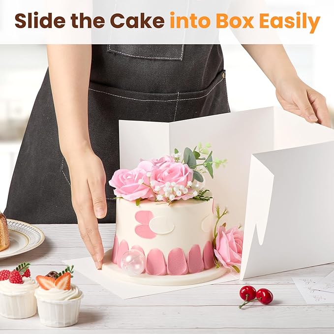 Ocmoiy 4 Sets Cake Boxes, 8 x 8 x 8 Inches White Bakery Boxes with Window Tall Cake Containers for Wedding Birthday Party