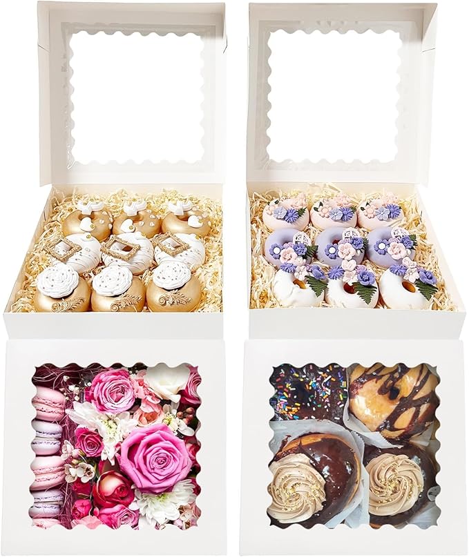 Bakepacker 55pcs White Pie Boxes 8x8x2.5 inches Easy Assemble Macaroon Bakery Boxes Cookie Boxes with Window for Bakery (Auto-pop Up)