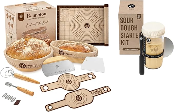 Sourdough Bread Making Kit with 9" Round & 10" Oval Bannetons and 24 oz Starter Jar – Complete Sourdough Kit with Lame, Whisk, Scrapers, Slings, Mat, Spatula & Cloth Covers
