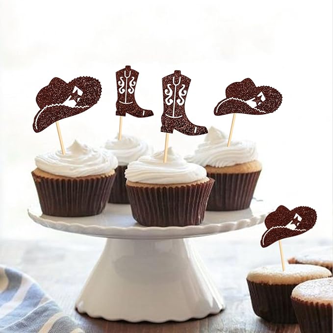 24Pcs Cowboy Cupcake Toppers Glitter Cowgirl Hat and Boot Cupcake Toppers Picks Western Theme Baby Shower Kids Birthday Party Supplies
