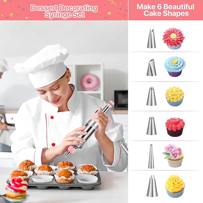 Dessert Decorating Syringe Set, Cake Icing Gun with 6 Russian Piping Nozzles & Cream Scraper, Stainless Steel Frosting Piping Kit for Cupcake, Cake Decorating Tools