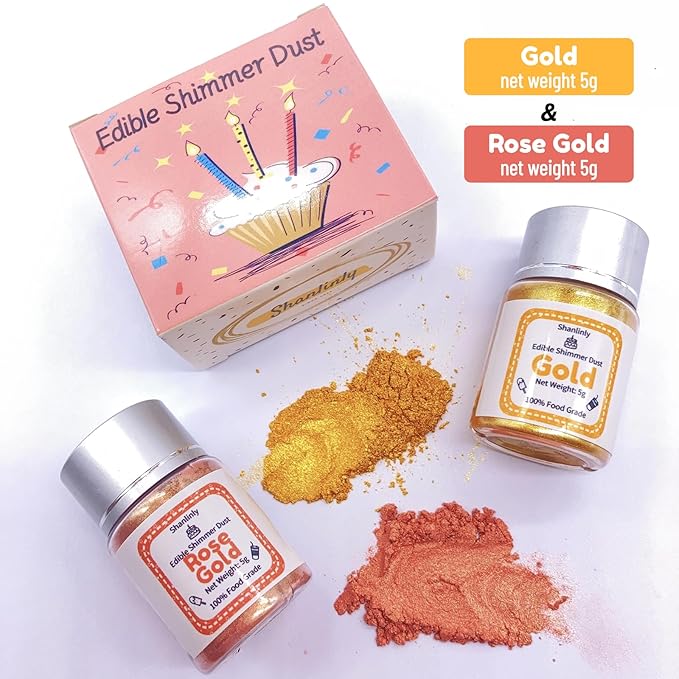 Gold Rose Gold Luster Dust Edible Glitter Drinks Set - Food Grade Cake Dust Shimmer Powdered, Vegan Edible Metallic Powder Food Coloring for Cake Decorating, Chocolates, Fondant, Paints, Kosher