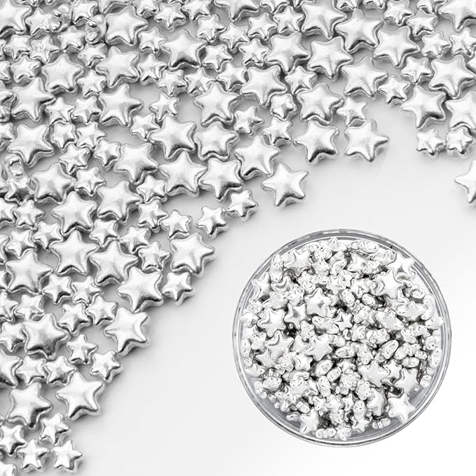 Dazzjoy Edible Silver Star Sugar Sprinkles, 4.23oz, Mix Size, Candy Star Sprinkles for Cake Decorations and Cupcake Toppers, Wedding Party Valentines Supplies