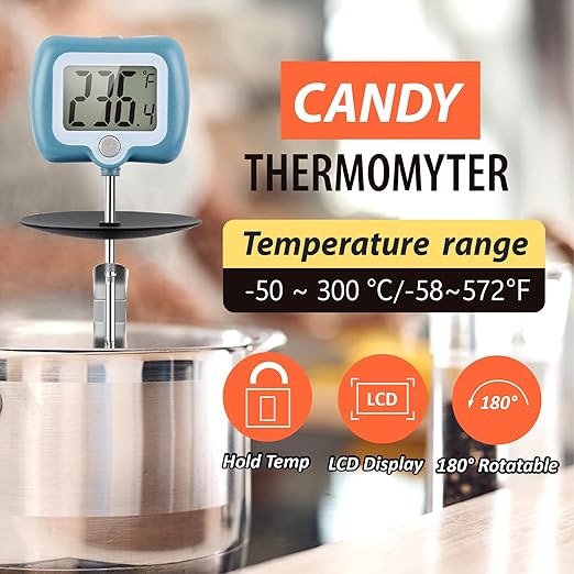 Digital Candy Thermometer with Adjustable Display, 304 Stainless Steel Probe, -58°F~572°F, Includes 2 Pot Clips & Heat-Insulating Pad for Sugar Syrup, Jam, Chocolate, Frying Oil (Blue)