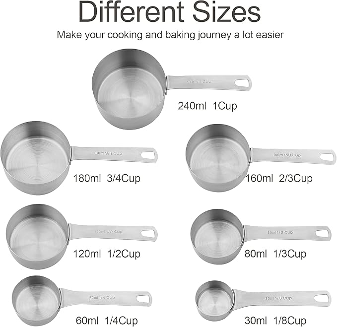 Smithcraft Measuring Cups Set of 7, 18/8 Stainless Steel Measuring Cups with 1/8, 1/4, 1/3, 1/2, 2/3, 3/4 & 1 Cup for Kitchen & Baking, Dry and Liquil Metal Metric Measure Cups Set