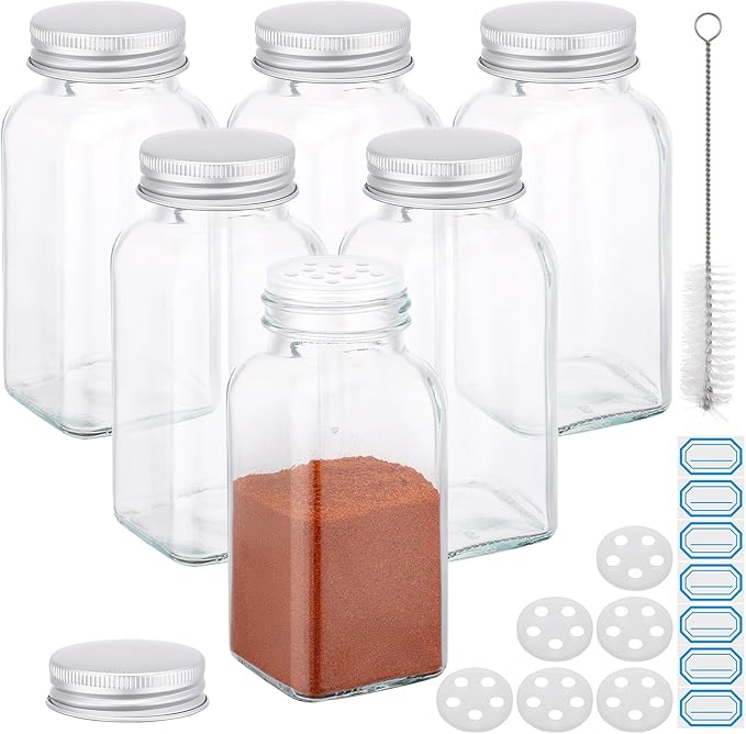 Segarty 6oz Spices Jars with Silver Aluminum Lid, 6PCS 180ml Square Spice Containers, Empty Glass Seasoning Organizer for Sugar Herb Storage, Large Salt and Pepper Bottles with 7 Stickers and 1 Brush