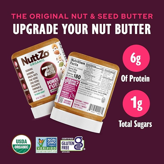 NuttZo Organic Power Fuel 7 Nuts and Seeds Butter, Crunchy, Paleo and Keto Friendly, Peanut and Gluten Free, Vegan, Kosher, No Added Sugar or Oil, 12 oz Jar