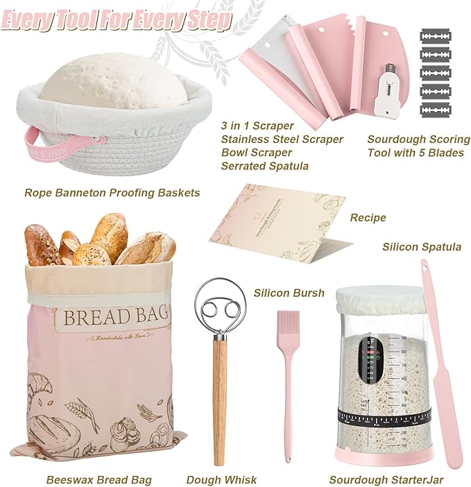 CINNIE&JHIN Pink Sourdough Starter Kit, Complete Baking Tools Set with Proofing Baskets, Pink Design Gifts for Women Bakers - Bread Making Supplies with Jar, Lame, Scraper, Bag & More