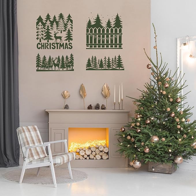 14 Pcs Large Christmas Stencils for Painting, Reusable Plastic Holiday Craft Templates, Christmas Window Stencils for Wood, Wall, Fabric & Doormat, DIY Snowflake Deer Forest Christmas Decorations