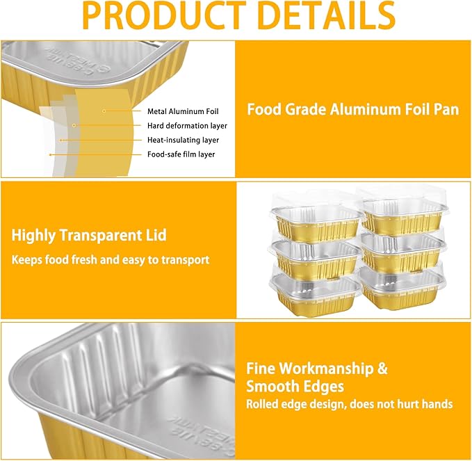 100 PCS Mini Cake Pans With Lids Mini Square Cake Pans with Lids Aluminum Foil Square Baking Cups Brownie Baking Cups Disposable Ramekins Cupcake Cups for Wedding Birthday Party, Gold