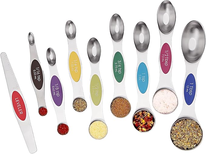 SHIKORI Magnetic Measuring Spoons Set Stainless Steel Stackable Dual Sided Nesting Teaspoons and Tablespoons for Measuring Dry and Liquid Ingredients-Multicolor 9 Pcs