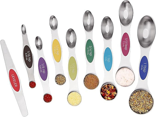 SHIKORI Magnetic Measuring Spoons Set Stainless Steel Stackable Dual Sided Nesting Teaspoons and Tablespoons for Measuring Dry and Liquid Ingredients-Multicolor 9 Pcs