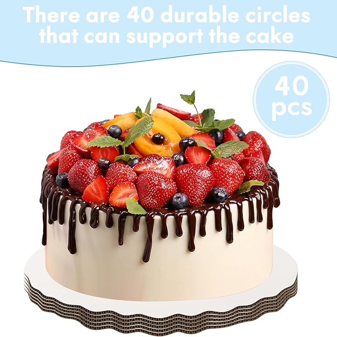 JCD 6" White Wave Cake Boards Round,Wave Cake Plate,Disposable Cake Circle Base Boards Cake Cardboard Pizza Plate Platter 6 inch,Pack of 40（Thinner But Stronger(White Wave, 6inch/40Pcs)