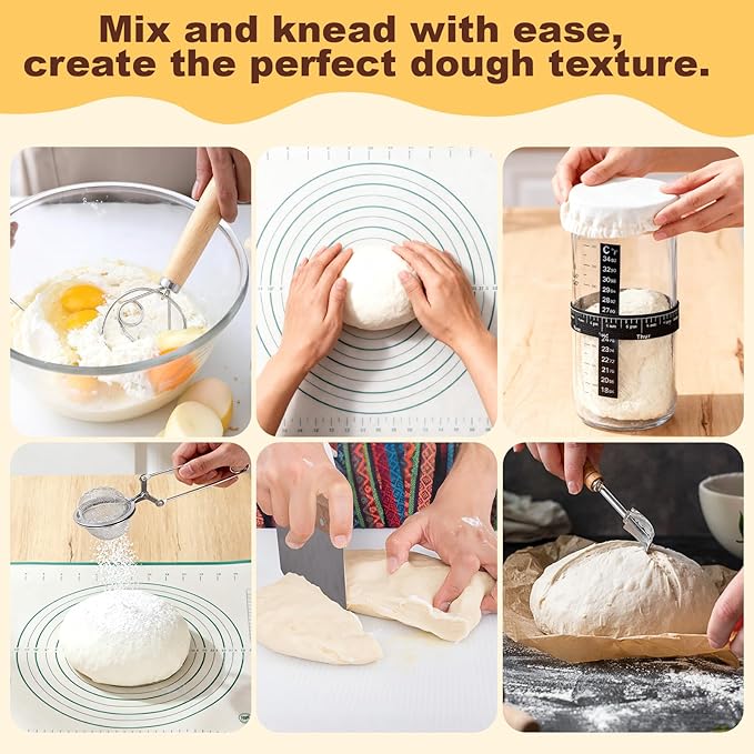 Upgraded Sourdough Starter Kit with Pot, Sourdough Bread Baking Supplies incl. 34 Oz Starter Jar, 2 Banneton Bread Proofing Baskets, Scraper, Scale, Lame, Dough Whisk, Sour Sough Tools