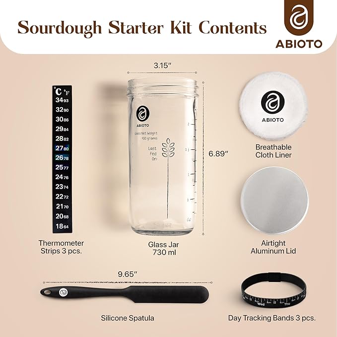 Sourdough Proofing Basket and Starter Jar Kit – 1.1 LB Oval Wood Pulp Banneton (Made in Germany) with 24 oz Sourdough Starter Jar, Thermometer Strips & Spatula – Beginner Bread Proofing Set