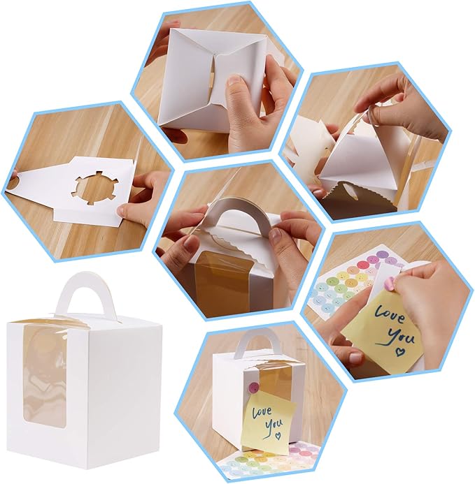 30 Pcs Individual Cupcake Boxes White Single Cupcake Boxes 1 Hole Cake Box with Clear Window Inserts and 2 Sheets of Stickers for Wedding Birthday Party Favors