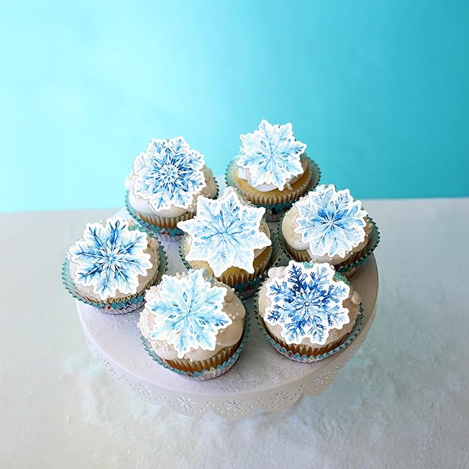 Gyufise 60Pcs Edible Snowflake Cupcake Toppers Winter Cupcake Picks Water Paper Winter Frozen Cake Decorations for Snowflake Theme Baby Shower Kids Birthday Party Supplies Multi Blue