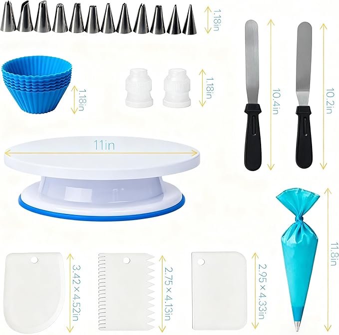 82 Pcs Cake Decorating Kit with Non-Slip Turntable, Stand,Leveler, 12 Piping Nozzles, Spatulas,Cupcake, 2 Reusable & 50 Disposable Bags,Complete Starter Set for Beginners & Home Bakers