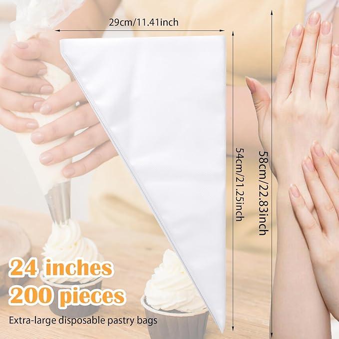 200 Pcs Piping Bags Extra Large 24 Inch Disposable Icing Bags Clear Anti Burst Pastry Bags, Thickened Non-Slip Icing Piping Bags for Frosting, Ideal for Desserts Cakes Cookie Decoration