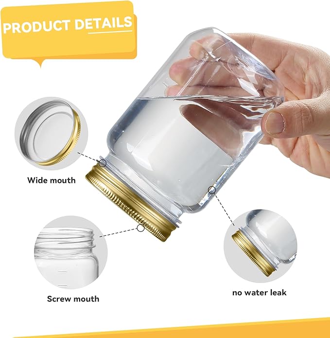 novelinks 16 oz Clear Plastic Jars with Screw-On Lids - BPA-Free Refillable Storage Containers for Slime, Food, Crafts, Kitchen & Household Use (10 Pack,Gold)