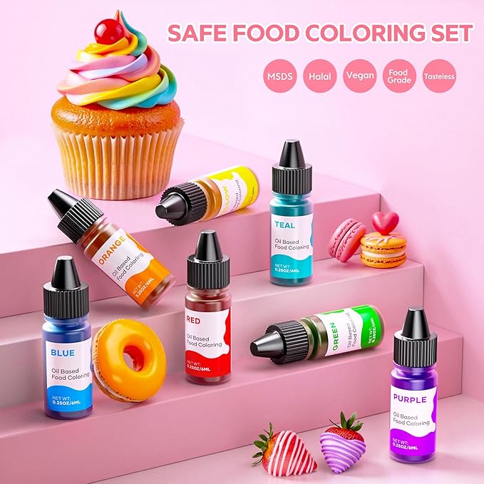 Oil Based Food Coloring for Chocolate Rainbow Oil Edible Food Dye Set for Halloween Baking Royal Icing Cookie Supplies Gluten Free 7x6ml Food Grade Food Color Kit, 0.25 Fl. Oz/Bottles