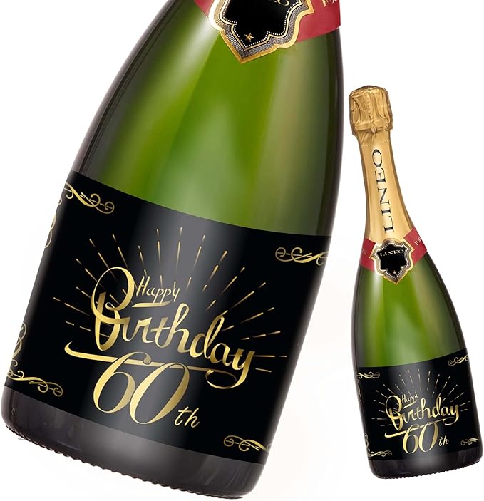 2-Pack Birthday Bottle Labels, Self-Adhesive “HappyBirthday” Stickers for Champagne & Wine Bottles, Fun Gift Idea for Men & Women, 5.8 x 4.1 in (60th Birthday)