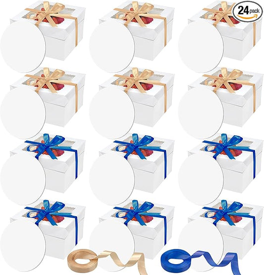 24PCS 10x10x8 Inches Cake Boxes with Cake Boards—（12Cake Boxes with window &12Cake Borads &70ft Silk RibbonX2） Large Square Baking Boxes for Christmas,Birthday Party, Wedding, Valentine's Day