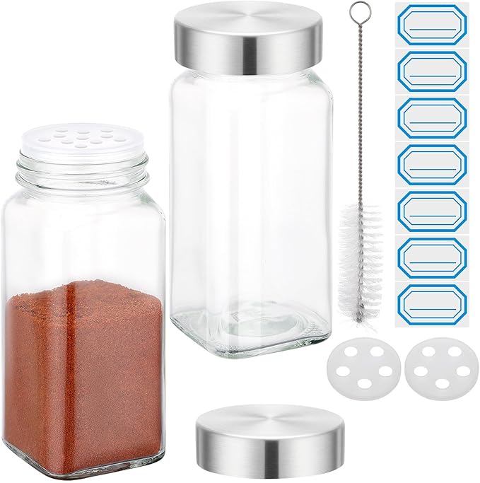 Segarty 4oz Glass Spices Jars with Stainless Steel Shaker Lids, 2 Pack 120ml Spice Containers, Square Empty Seasoning Organizers for Spices Storage, Small Salt and Pepper Shakers, 7 Stickers, 1 Brush