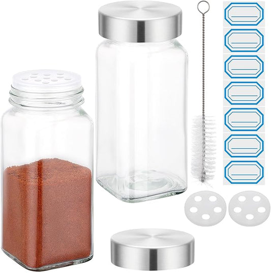 Segarty 4oz Glass Spices Jars with Stainless Steel Shaker Lids, 2 Pack 120ml Spice Containers, Square Empty Seasoning Organizers for Spices Storage, Small Salt and Pepper Shakers, 7 Stickers, 1 Brush