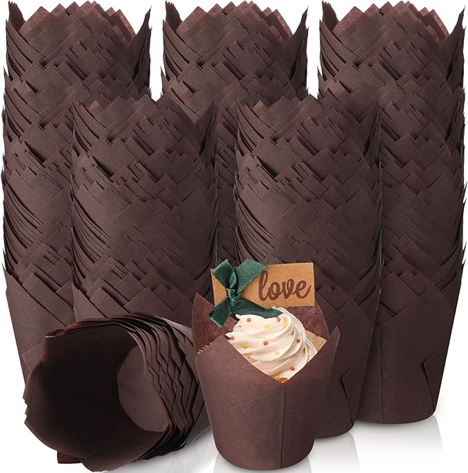 600 Pcs Tulip Cupcake Liners for Baking Muffin Liners Printed Baking Cups Holders Greaseproof Wrappers Decoration for Cupcake Bouquet Birthday Party Wedding Bride Shower (Brown)