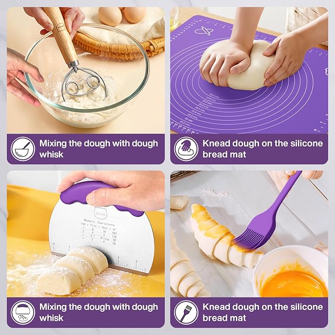 MIAOKE Sourdough Bread Baking Supplies Kit - Dough Whisk, Breads Lame, Proofing Baskets 10 Inch Round and 9 Oval, Dough Scrapers, Cooking Brush, Basket Liners Complete Sourdough Starter Bread Gift Set