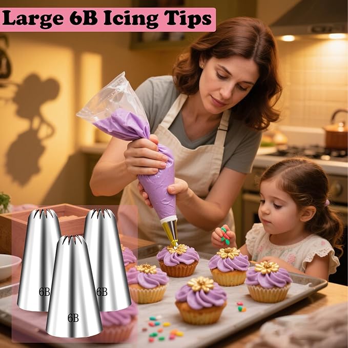 3 Pieces 6B Large Churro Icing Tips and Piping Bags,Frosting Icing Tip for Cake Decorating,6B Large Star Tips and 20 Disposable Piping Bags,Stainless Steel CupCake Star Tip for Churros