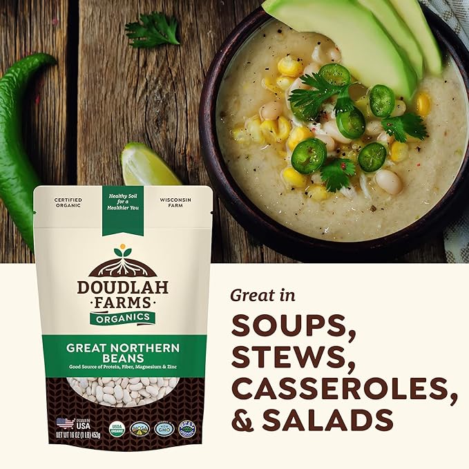 Organic Great Northern Beans 25lb Bulk by Doudlah Farms - Farmed From Regenerative Soil | Tested Clean Certified | Vegan, Non-GMO, Grown In USA - Fiber & Protein for Soups, Burritos, Salads, and Chili