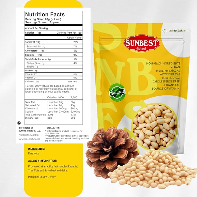 Sunbest Natural Pine Nuts Pignolia 8 oz – Unsalted, Raw, Crunchy, Fresh & Delicious, Kosher Certified - Ideal for Snacking, Topping & Baking - Non-GMO, Gluten Free